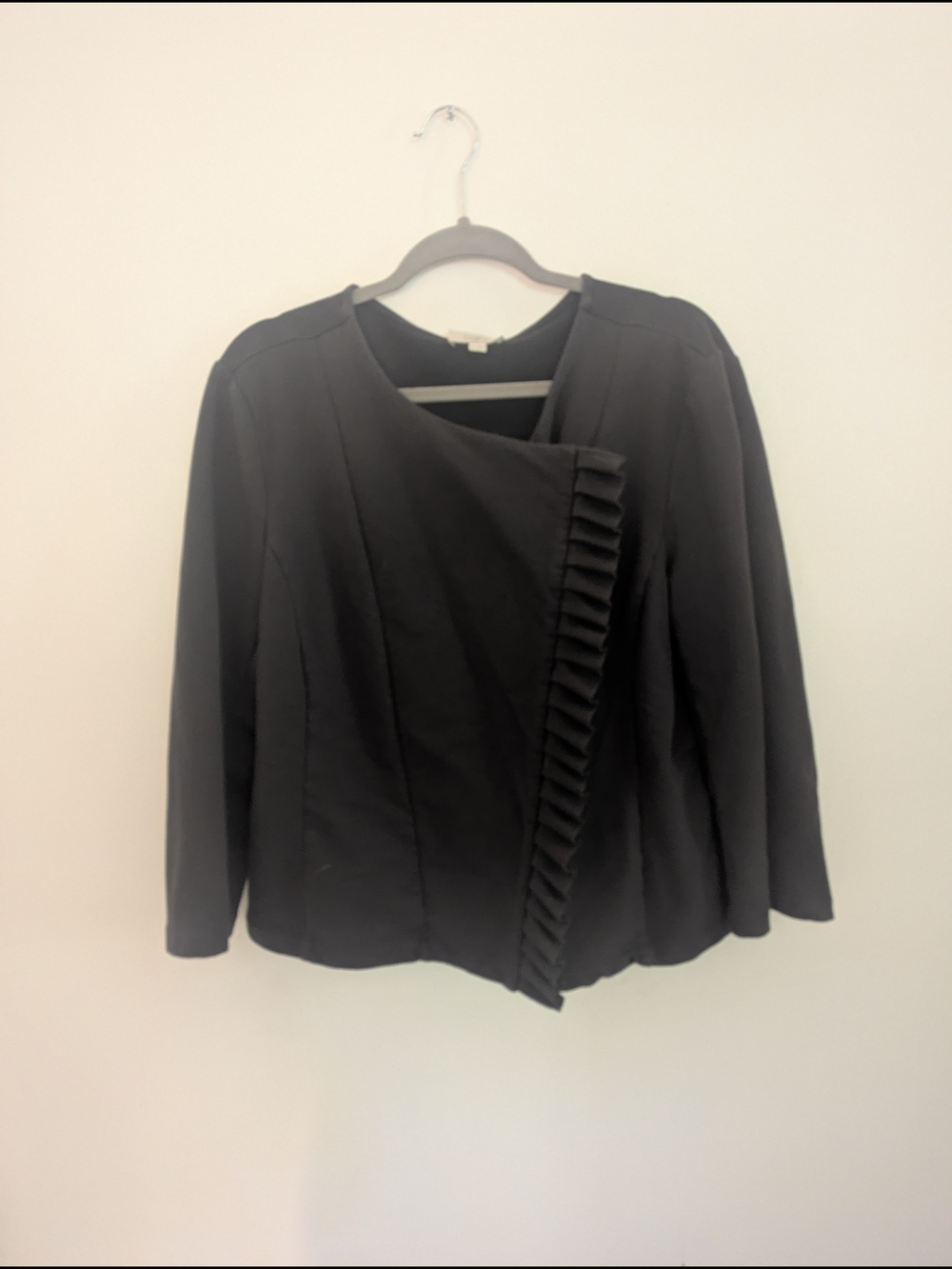 LOFT Charcoal Ruffle Open-Front Jacket with Side Zip - Picture 2 of 3